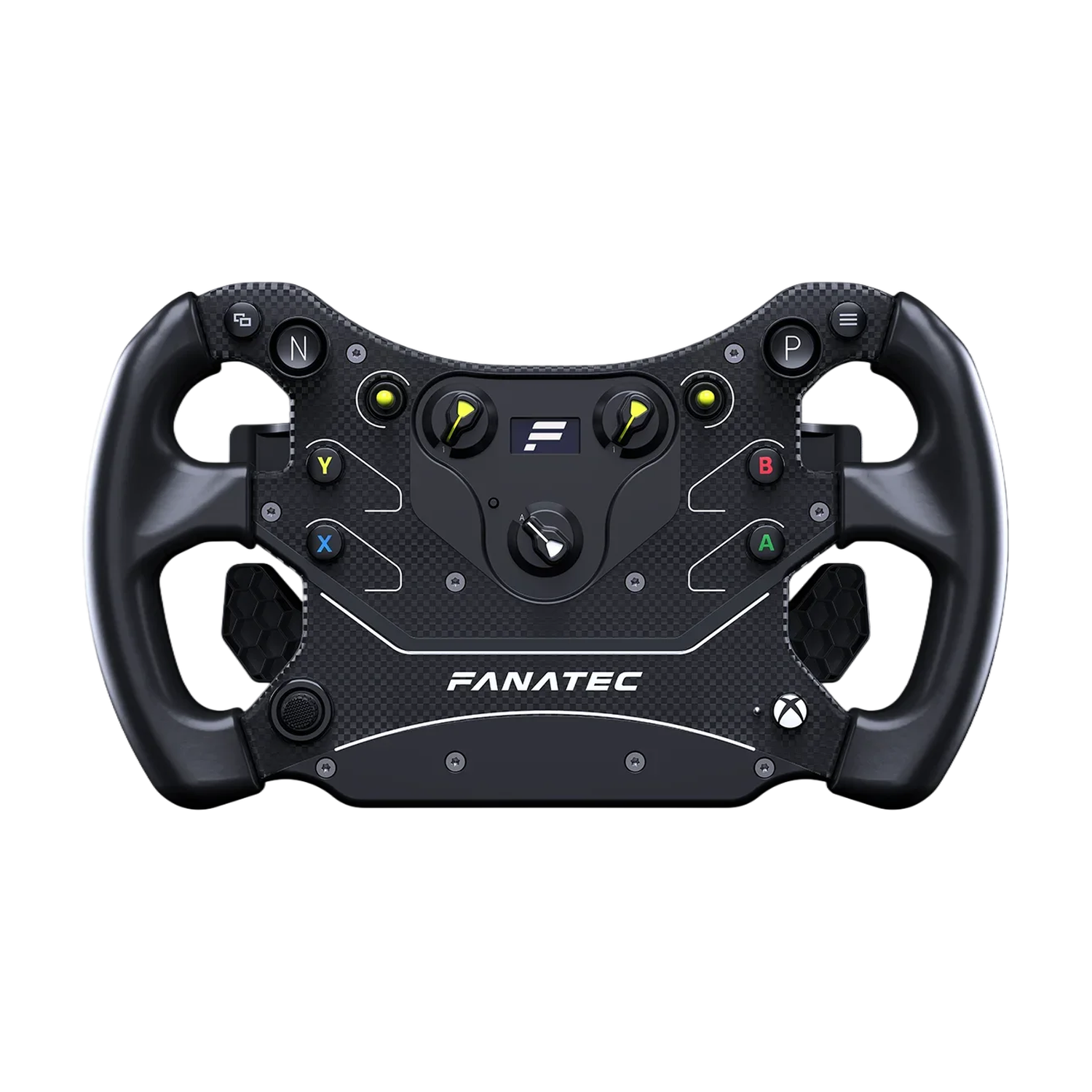Front view of the 300 mm Fanatec CSL GT3 with Xbox buttons, OLED and multi-position switches